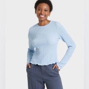 Women's Long Sleeve Crinkle T-Shirt - a New Day Light Blue Size Small NWT